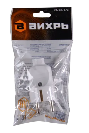 Вилка прямая с/з, белая 16А 250В Вихрь