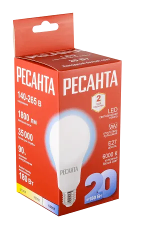 Лампа светодиодная Ресанта LL-R-A80-20W-230-6K-E27