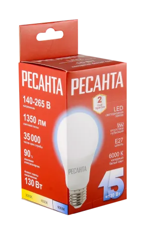 Лампа светодиодная Ресанта LL-R-A65-15W-230-6K-E27