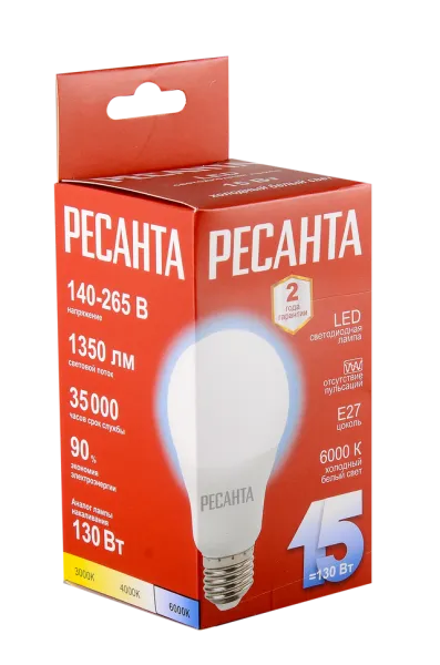 Лампа светодиодная Ресанта LL-R-A65-15W-230-6K-E27