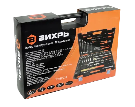 Набор инструментов, 1/2", 1/4", CrV, пластиковый кейс 76 предмета Вихрь